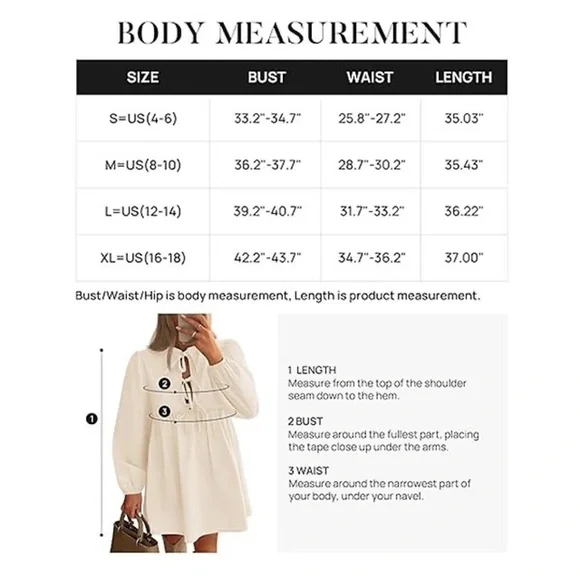 NWT Women's Dress Fall Long Puff Sleeve Self Tie Front Babydoll A Line Dress S - Picture 5 of 9